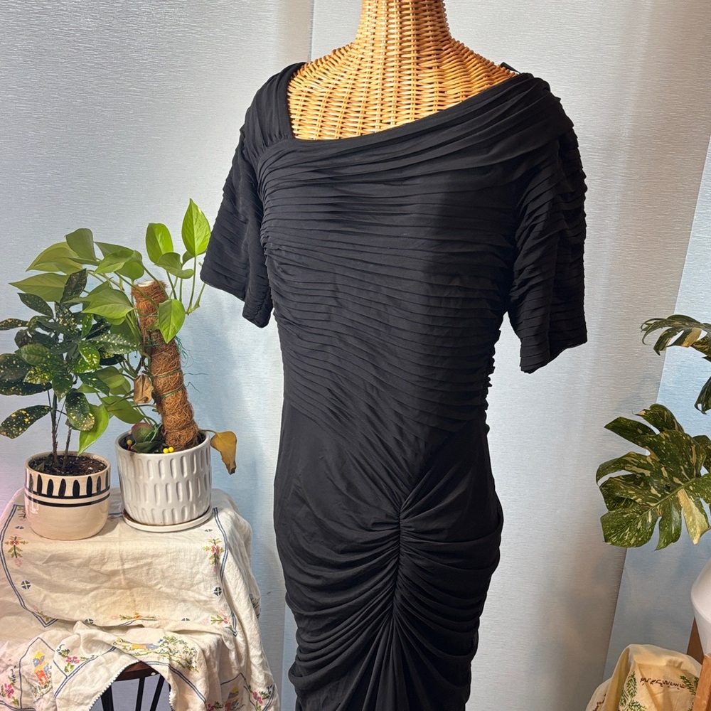 Tadashi Shoji Elegant Black Long Sleeve Gown draped mesh stretch dress - Picture 2 of 8